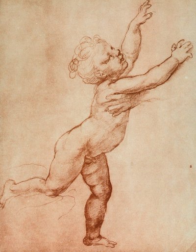 Tekening van een baby die naar rechts rent waar een persoon op hem lijkt te wachten van wie men alleen een hand kan zien. Werk van Raffaello in de Uffizi in de Kamer van Tekeningen en Prenten, in Florence door Raffaello Sanzio Raphael